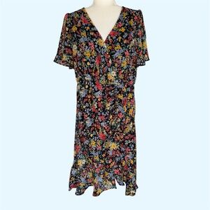 Eyeshadow Black Floral Faux Wrap Flutter Sleeve Midi Dress ~ Women’s XL